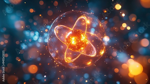 A microscopic view of nuclear fission, showing individual atoms splitting and releasing energy in a chain reaction. photo