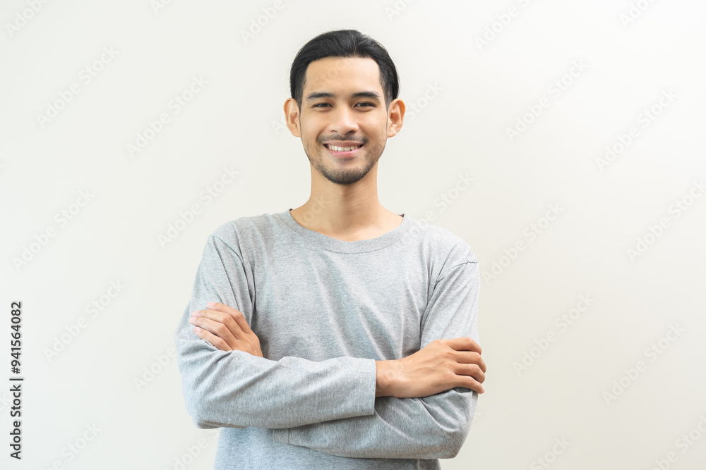 Smile positive, happy asian young man, handsome male wearing casual, portrait of smart guy feeling prond, standing crossed arms looking at camera, isolated on grey background, copy space. Smile positive, happy asian young man, handsome male wearing casual, portrait of smart guy feeling prond, standing crossed arms looking at camera, isolated on grey background, copy space.
