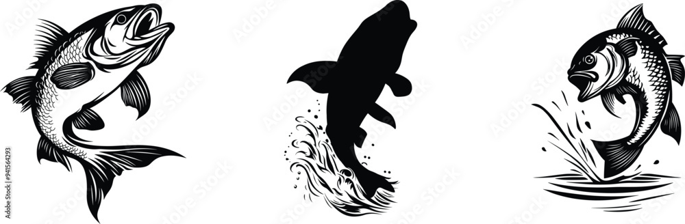 Obraz premium Set of bass fish, logo design, vector illustration.