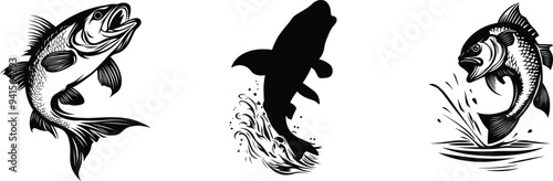 Set of bass fish, logo design, vector illustration.