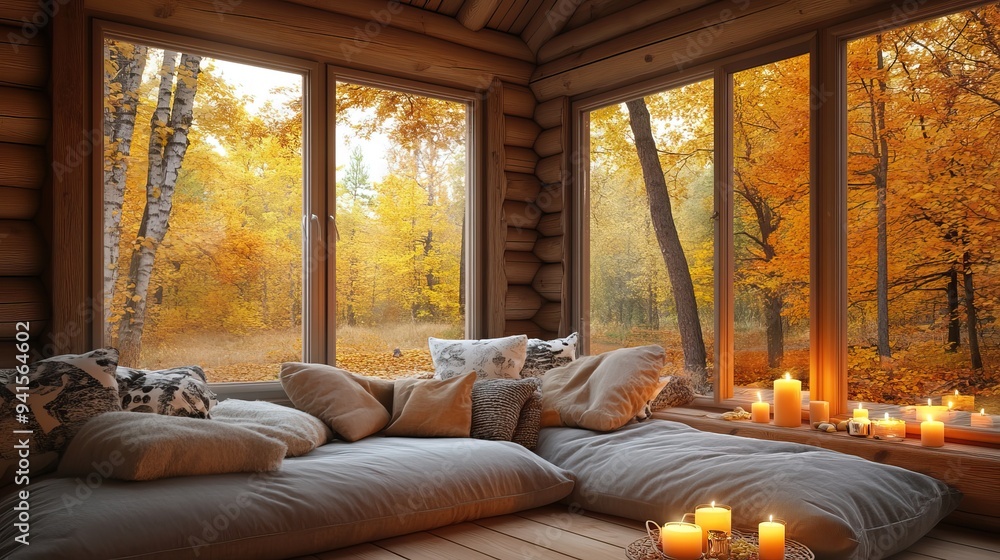 Cozy autumn interior with candles, pillows, and a large window overlooking a golden forest. AI generated image Cozy autumn interior with candles, pillows, and a large window overlooking a golden forest. AI generated image