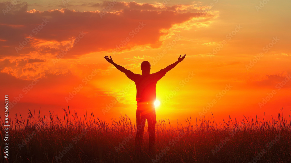 ilhouette of winner man in sunset with arms up in happiness ilhouette of winner man in sunset with arms up in happiness