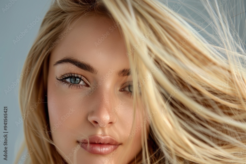 Portrait of a woman with light hair styled for keratin treatment, highlighting personal care, skincare, and hair coloring with argan oil products Portrait of a woman with light hair styled for keratin treatment, highlighting personal care, skincare, and hair coloring with argan oil products
