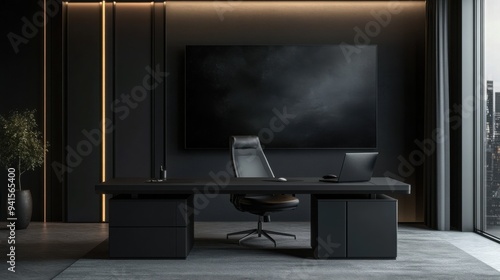 Dark Minimalist Office Interior: A sleek and modern office space with dark grey walls, sleek lines, and a minimalist aesthetic. The room is bathed in soft light