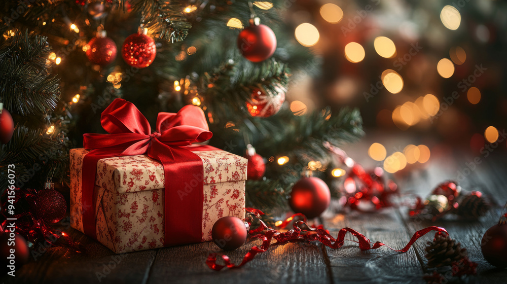 A red and white gift box with a red bow sits on a wooden table A red and white gift box with a red bow sits on a wooden table