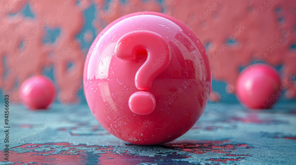 A glossy pink sphere with a question mark, symbolizing mystery or inquiry in a creative abstract setting