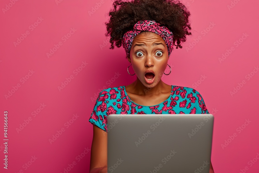 The cute girl in violet sweatshirt reading news on a modern gadget is isolated on a pink color background The cute girl in violet sweatshirt reading news on a modern gadget is isolated on a pink color background