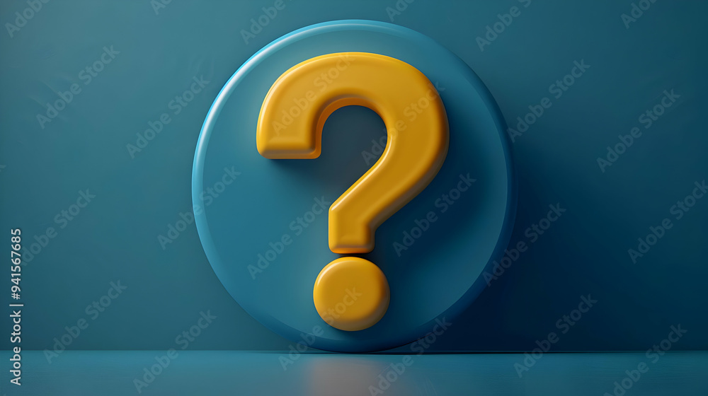 3D Rendered Yellow Question Mark on Teal Circle Abstract Background 3D Rendered Yellow Question Mark on Teal Circle Abstract Background