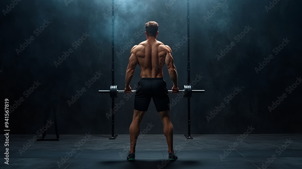 A muscular individual lifting weights in a dimly lit gym, focusing on strength training. A muscular individual lifting weights in a dimly lit gym, focusing on strength training.
