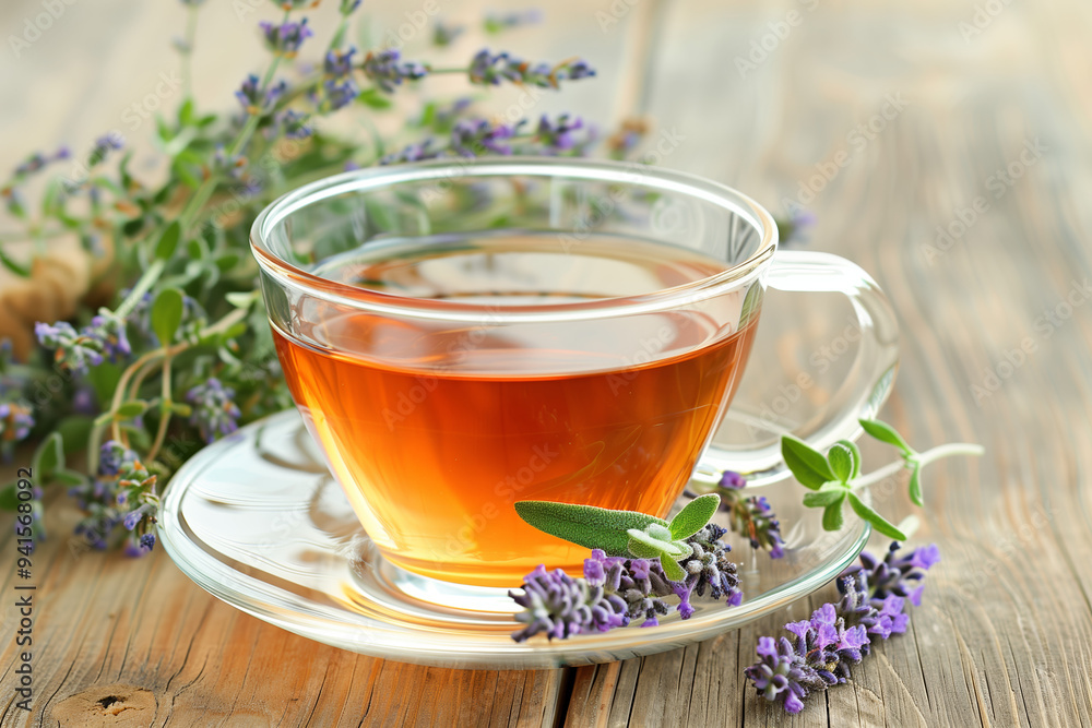 A glass cup of herbal tea with lavender and thyme on the side. A glass cup of herbal tea with lavender and thyme on the side.