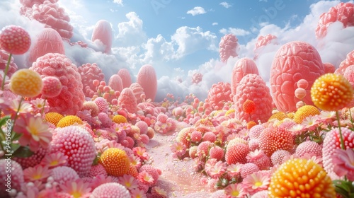 Stunning Vibrant Fantasy Landscape with Colorful Candy-like Flora and Dreamy Sky photo