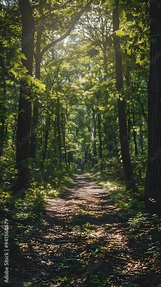 Obraz premium Sunlit Path Through a Green Forest