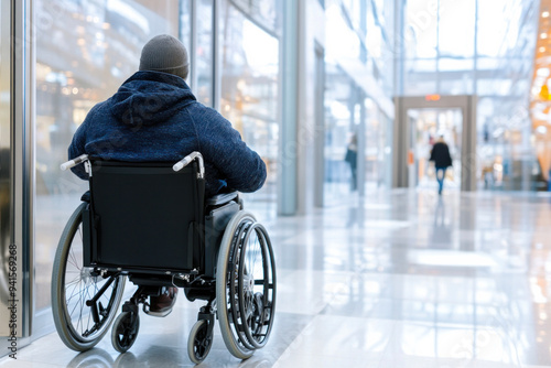 Person in wheelchair navigating modern indoor space with glass walls during daylight near busy shopping area