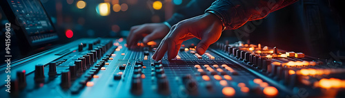 Photo Realistic as Music producer using a glossy digital mixing board in a studio concept as Camera movement Pan across the glossy digital mixing board used by the music producer. Scene A modern recor photo