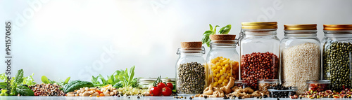 Photo Realistic as Plant based foods and glass jars with World Food Day text isolated on white concept as Camera movement Zoom into the plant based foods and glass jars. Scene Isolated white backgroun