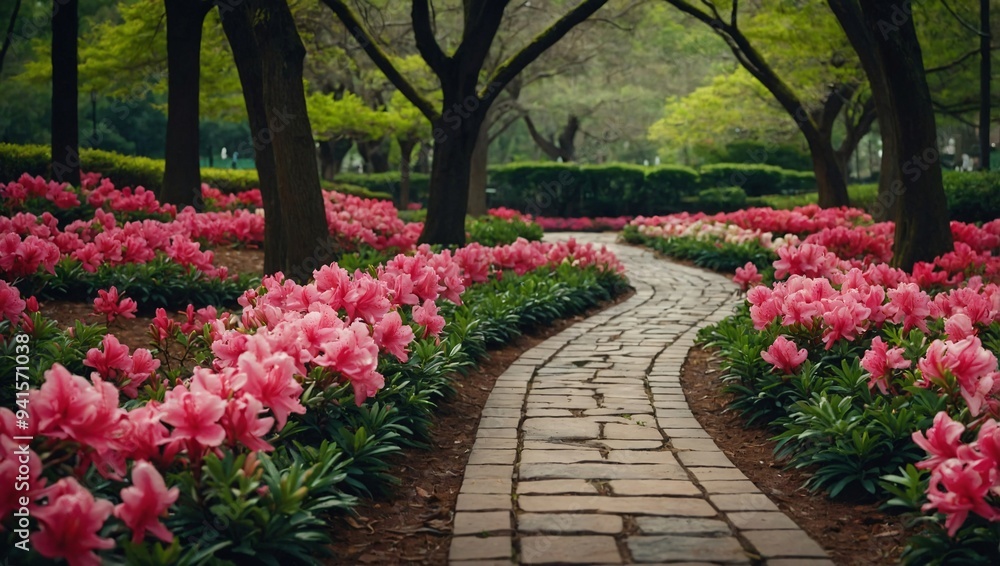 A pathway in a park is lined with blooming azaleas, creating a picturesque scene A pathway in a park is lined with blooming azaleas, creating a picturesque scene