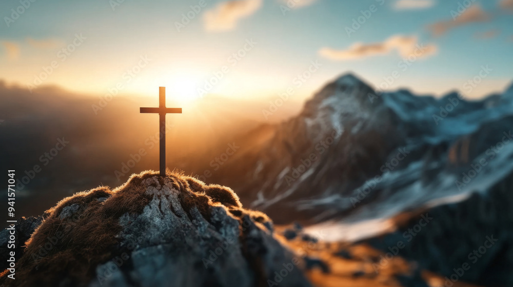 A cross is on top of a mountain, with the sun shining on it A cross is on top of a mountain, with the sun shining on it