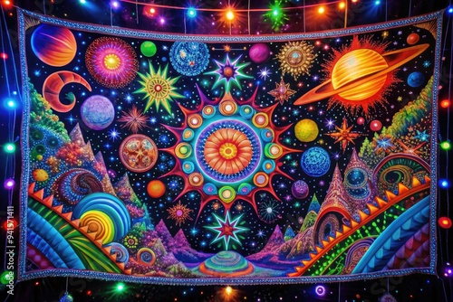 Celestial Neon Tapestry: Cosmic motifs, glowing neon accents, interstellar shadows photo