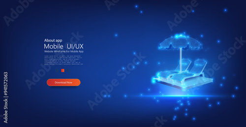 Vector Illustration of Beach Loungers and Umbrella, Night Neon Glow Concept.