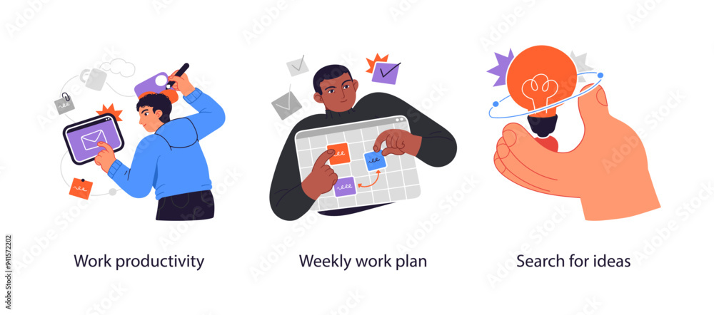 Fototapeta premium Productivity management tools - set of business concept illustrations. Visual stories collection