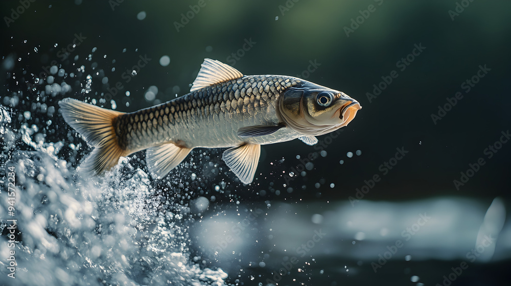 Fototapeta premium Leaping Carp Fish Splashing in Tranquil Water