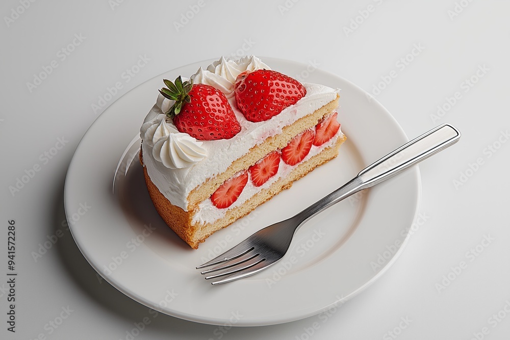 Strawberry Cake Slice with Whipped Cream on White Plate Strawberry Cake Slice with Whipped Cream on White Plate