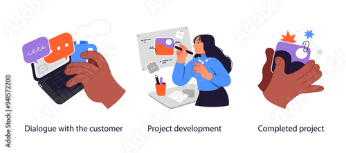 Business project management tools and phases - set of business concept illustrations. Visual stories collection.
