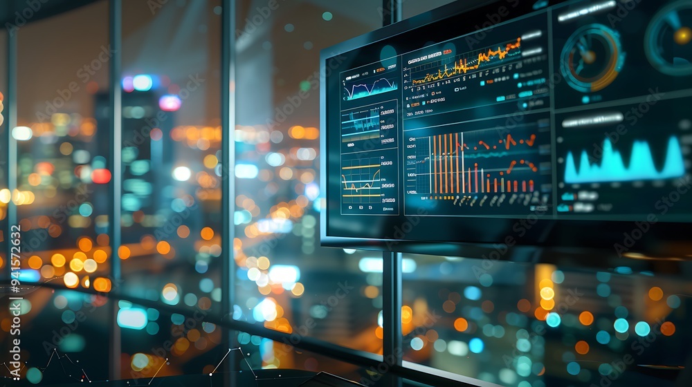 Digital Dashboard with Business Success Indicators and Growth Charts in Modern Office