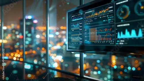 Digital Dashboard with Business Success Indicators and Growth Charts in Modern Office