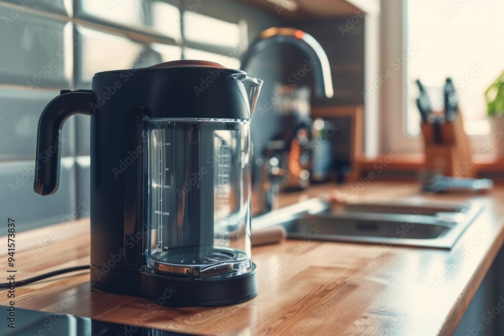 A sleek black kettle sits on a wooden kitchen counter. Its modern design enhances any kitchen interior. Perfect for brewing tea or coffee. Generative AI A sleek black kettle sits on a wooden kitchen counter. Its modern design enhances any kitchen interior. Perfect for brewing tea or coffee. Generative AI