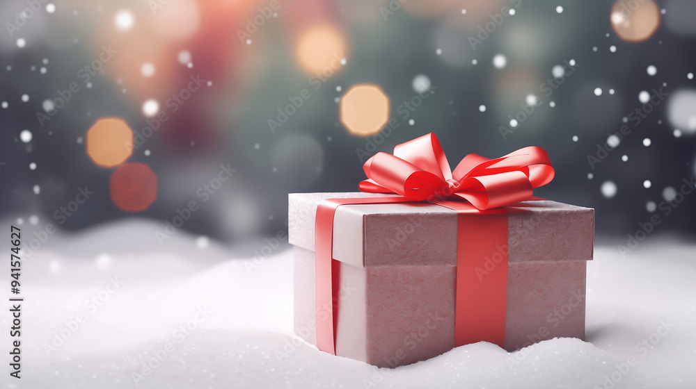 Christmas background with green gift box red ribbon, white snowflakes and red ornaments on the bottom, creating an elegant festive atmosphere. Christmas background with green gift box red ribbon, white snowflakes and red ornaments on the bottom, creating an elegant festive atmosphere.