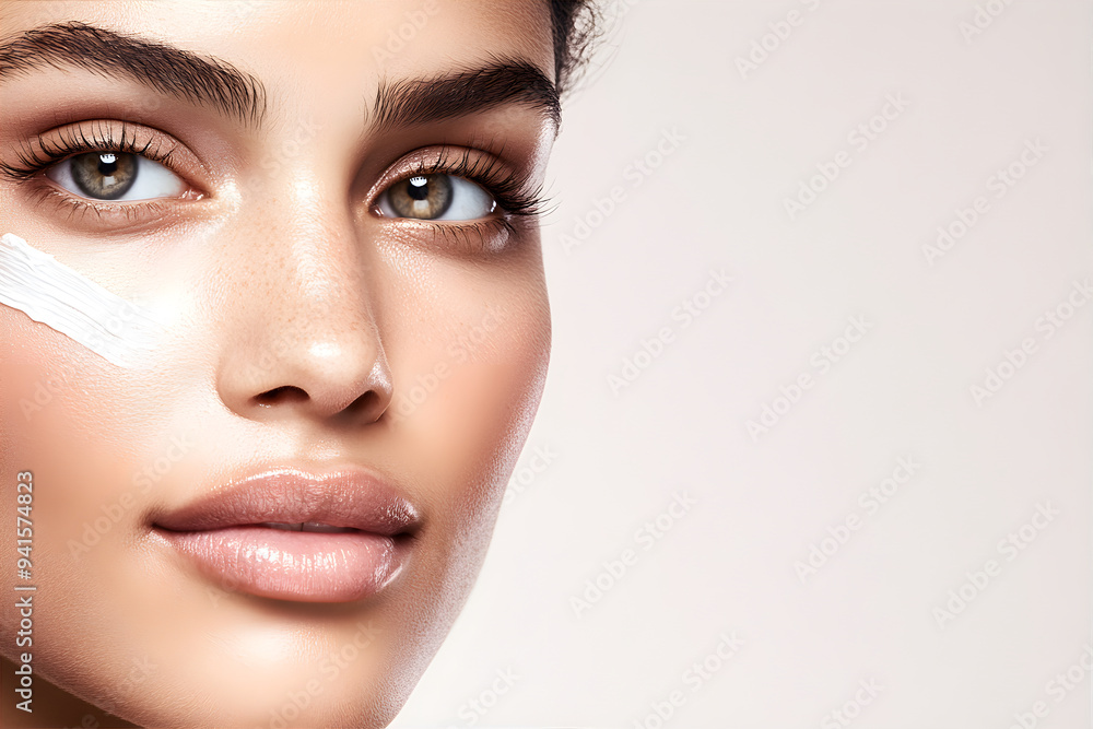 Face lift effect after anti aging procedure. Skin care concept. Woman with white cream lines on the face. Lifting effect concept. Face lift effect after anti aging procedure. Skin care concept. Woman with white cream lines on the face. Lifting effect concept.