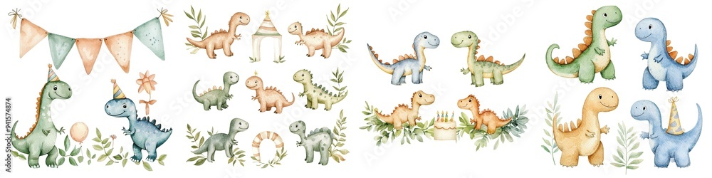 custom made wallpaper toronto digitalCute watercolor dinosaur illustrations set. Perfect for children's designs and nursery decor. Fun and colorful prehistoric creatures.