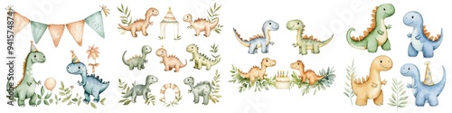 Cute watercolor dinosaur illustrations set. Perfect for children's designs and nursery decor. Fun and colorful prehistoric creatures.