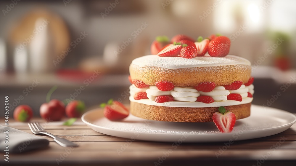Strawberry Cake with Whipped Cream and Fresh Strawberries Strawberry Cake with Whipped Cream and Fresh Strawberries