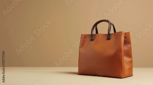 Elegant brown leather handbag with dark handles on a beige background. Perfect for fashion, style, and accessory concepts.