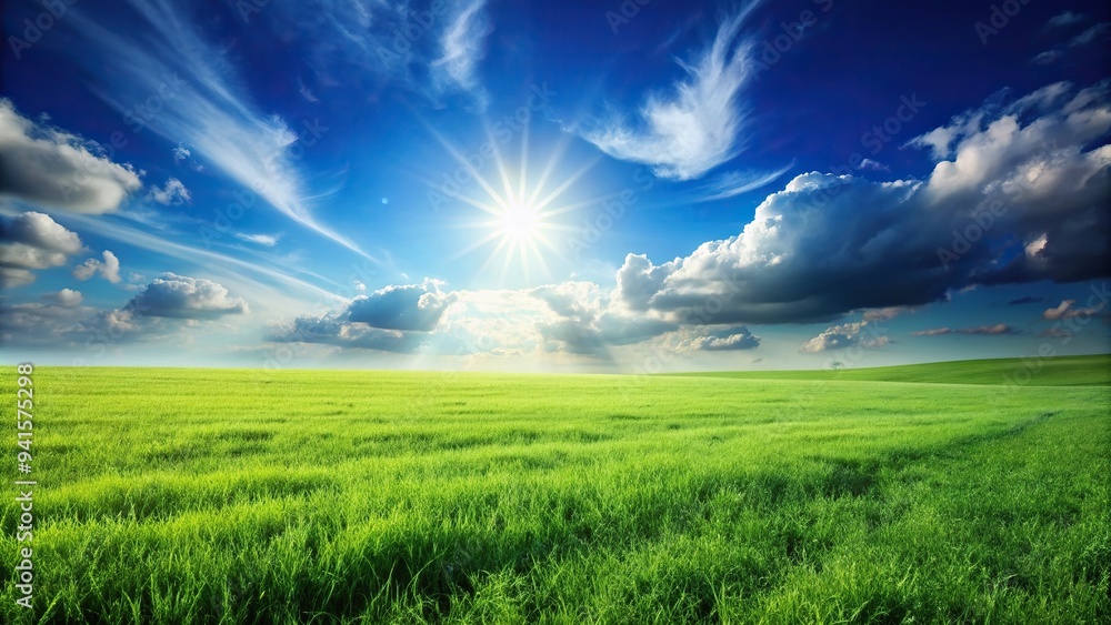 Lush green grasslands under a sunny sky stretching into the horizon, horizon, landscape,nature, green Lush green grasslands under a sunny sky stretching into the horizon, horizon, landscape,nature, green