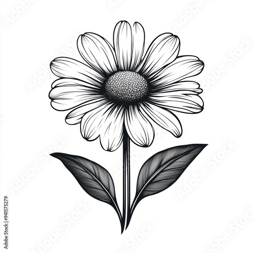 A detailed black and white drawing of a daisy with two leaves, great for botanical illustrations, educational materials, or art prints, It presents a clean