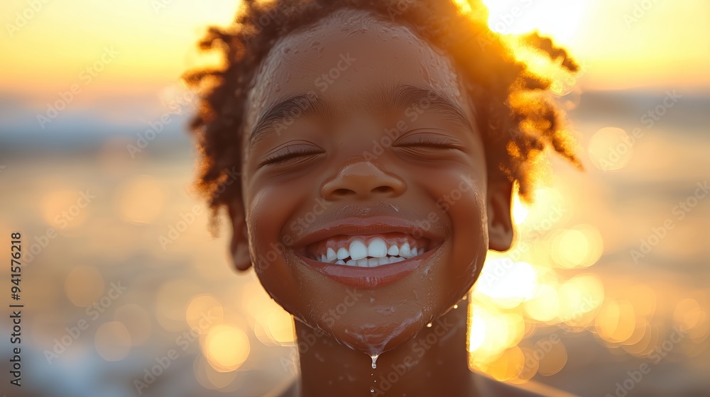 A happy young boy of African-American appearance with a bright smile standing against a sunset background A happy young boy of African-American appearance with a bright smile standing against a sunset background
