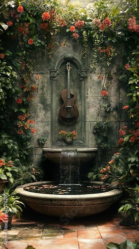 Elegant Water Fountain Show with Intricate Instrument Sculptures photo