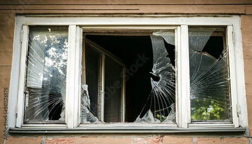 Broken window of the house, building demolition photo