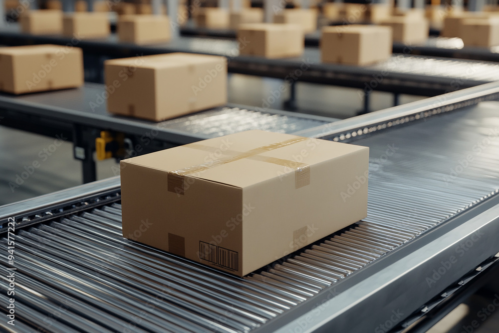Cardboard boxes on conveyor belt in distribution warehouse. Cardboard boxes on conveyor belt in distribution warehouse.