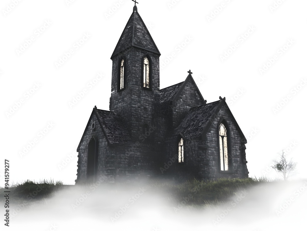 Fototapeta premium Moody 3D Render of Haunted Hamlet Shrouded in Eerie Mist and Unearthly Glow