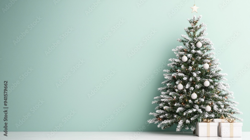 A beautifully decorated Christmas tree with gifts against a light green wall, capturing the festive spirit of the holiday season. A beautifully decorated Christmas tree with gifts against a light green wall, capturing the festive spirit of the holiday season.