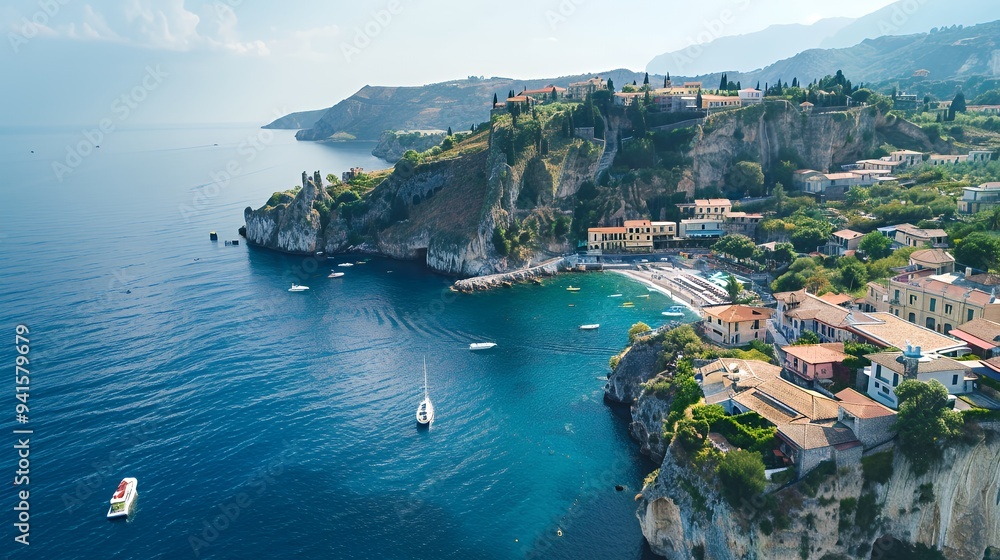 Naklejka premium A scenic coastal view featuring cliffs, a quaint village, and boats in the water.