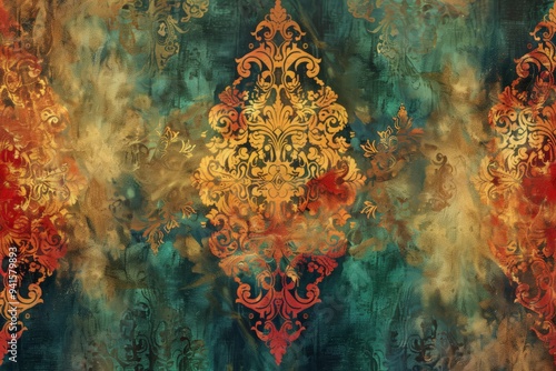 Vintage grunge luxury royal floral tapestry abstract background with ornate and vivid pattern in artistic mixed media design for cultural wallpaper.