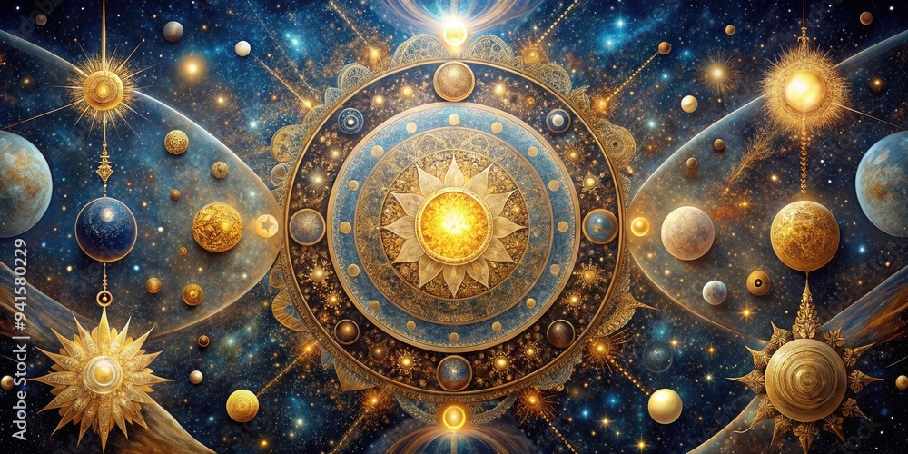 Fototapeta premium Celestial Tapestry: Interstellar golds, cosmic patterns, astral bodies, ethereal landscapes, celestial wonders