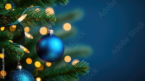 A close-up of a blue Christmas ornament hanging on a pine tree with blurred warm lights creating a festive atmosphere.