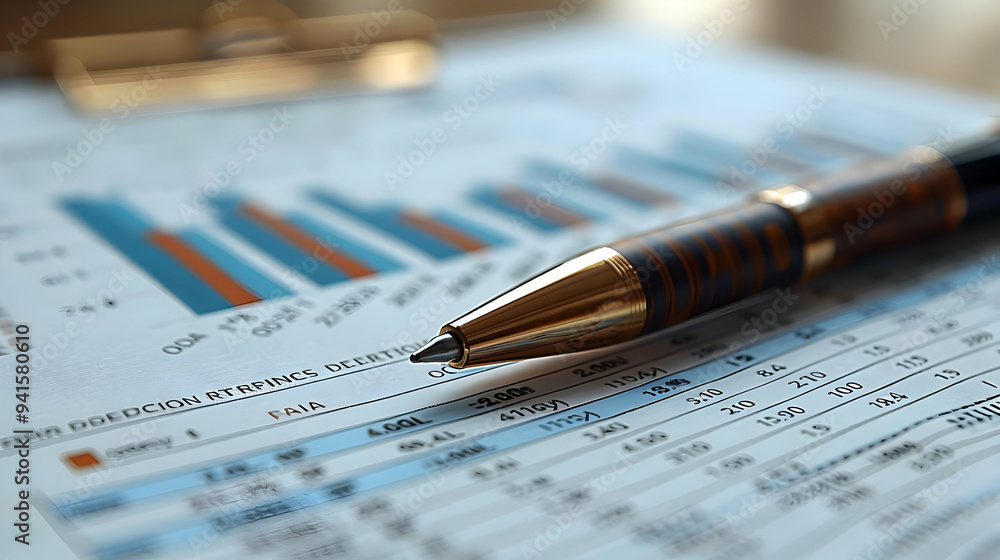 Closeup of a Gold Pen on a Spreadsheet with Graphs - Realistic Image Closeup of a Gold Pen on a Spreadsheet with Graphs - Realistic Image