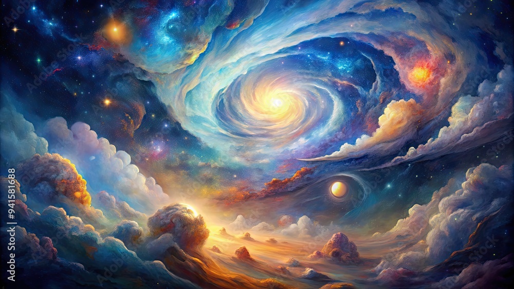 Celestial Tapestry: Watercolor brushstrokes blend with cosmic swirls, evoking a dreamy and ethereal mood. Celestial Tapestry: Watercolor brushstrokes blend with cosmic swirls, evoking a dreamy and ethereal mood.
